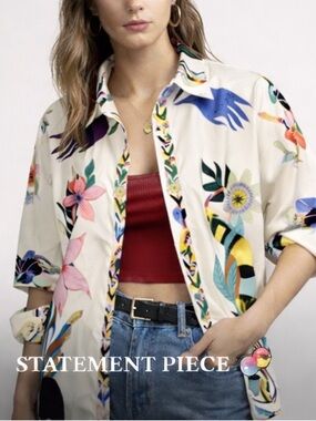 Ivory Statement Print Button Up Shirt Floral Snake Art Top
